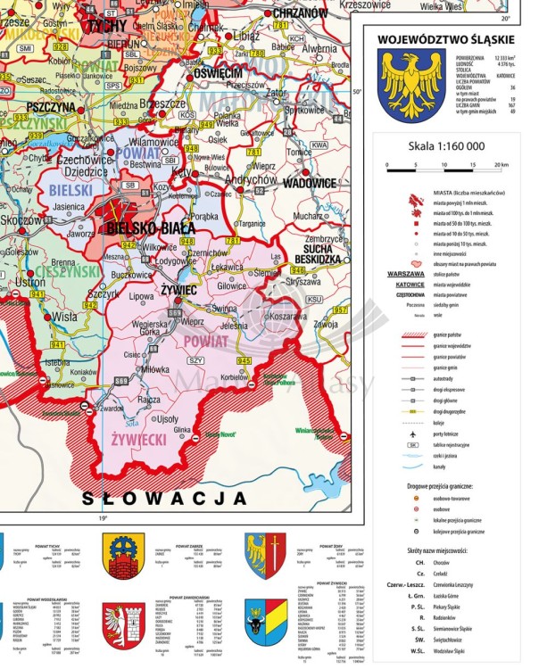 Województwo śląskie 1:160 000. Mapa ścienna administracyjna. Drewniane półwałki. Fragment 2