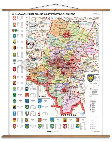 Województwo śląskie 1:130 000. Mapa ścienna administracyjna. Drewniane półwałki