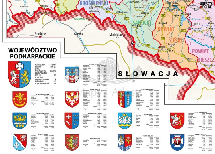 Województwo podkarpackie 1:170 000. Mapa ścienna administracyjna. Drewniane półwałki. Fragment 2