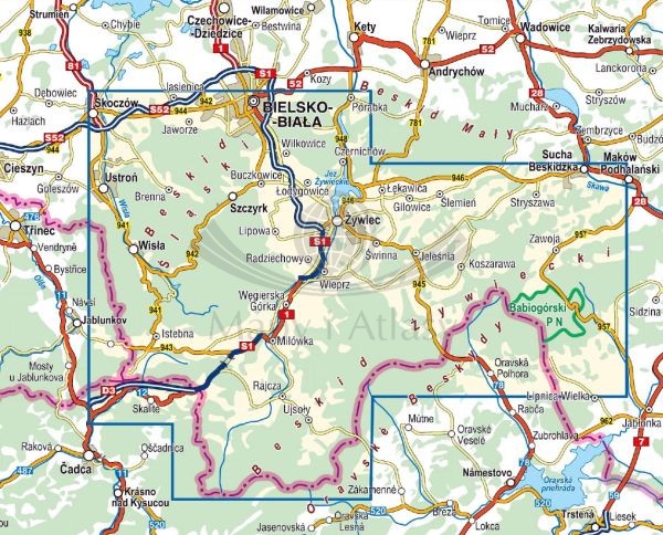 Beskid Śląski i Żywiecki 1:50 000. Laminowana mapa turystyczna wydawnictwa Compass. Zasięg