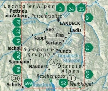 Landeck, Nauders, Samnaungruppe. Wodoodporna mapa turystyczna 42 wydawnictwa Kompass. Zasięg