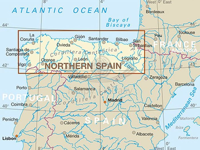 Hiszpania, część północna. Droga św. Jakuba. Wodoodporna mapa samochodowo-turystyczna wydawnictwa Reise Know-How. Zasięg