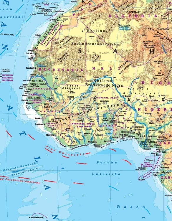 Afryka 1:9 000 000. Dwustronna mapa ścienna. Polityczna i fizyczna. Strona fizyczna - fragment 2