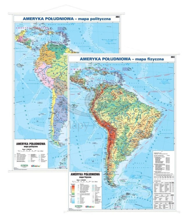 Ameryka Południowa 1:8 000 000. Dwustronna mapa ścienna. Polityczna i fizyczna