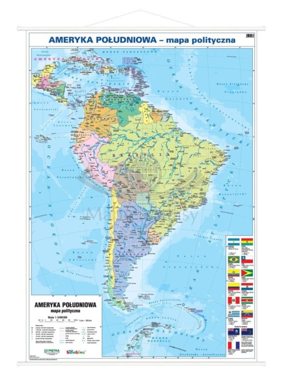 Ameryka Południowa 1:8 000 000. Dwustronna mapa ścienna. Polityczna i fizyczna. Strona polityczna