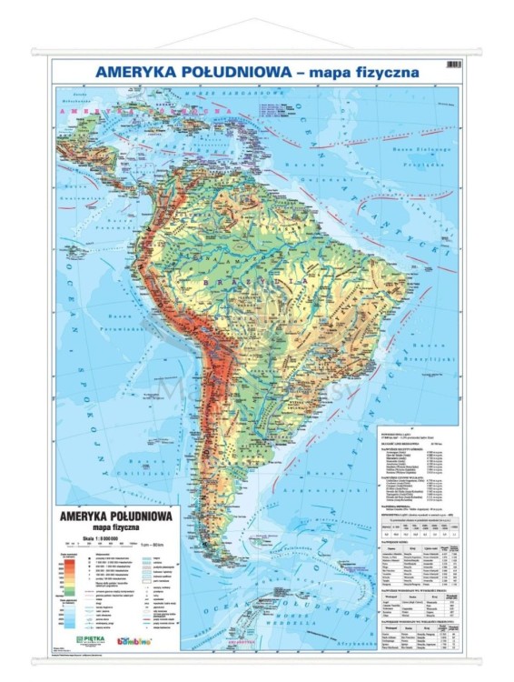 Ameryka Południowa 1:8 000 000. Dwustronna mapa ścienna. Polityczna i fizyczna. Strona fizyczna