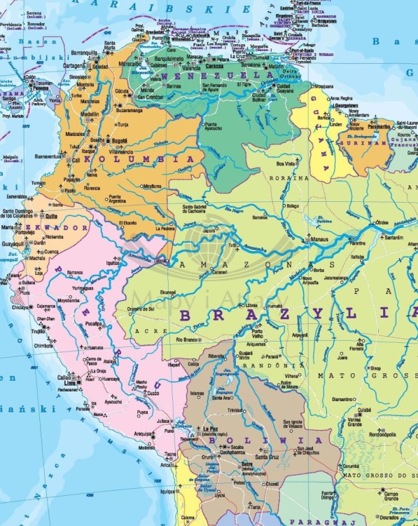 Ameryka Południowa 1:8 000 000. Dwustronna mapa ścienna. Polityczna i fizyczna. Strona polityczna - fragment 1