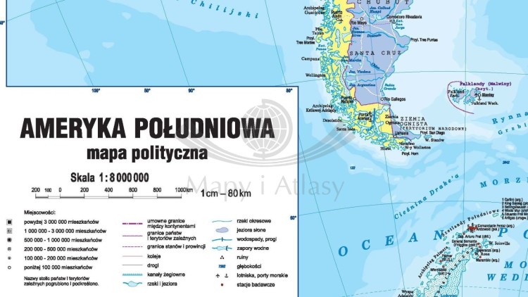 Ameryka Południowa 1:8 000 000. Dwustronna mapa ścienna. Polityczna i fizyczna. Strona polityczna - fragment 3
