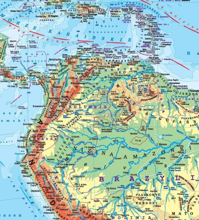 Ameryka Południowa 1:8 000 000. Dwustronna mapa ścienna. Polityczna i fizyczna. Strona fizyczna - fragment 1