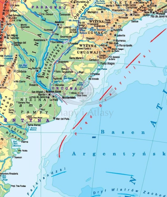 Ameryka Południowa 1:8 000 000. Dwustronna mapa ścienna. Polityczna i fizyczna. Strona fizyczna - fragment 2