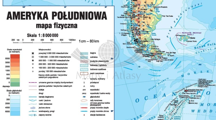 Ameryka Południowa 1:8 000 000. Dwustronna mapa ścienna. Polityczna i fizyczna. Strona fizyczna - fragment 3