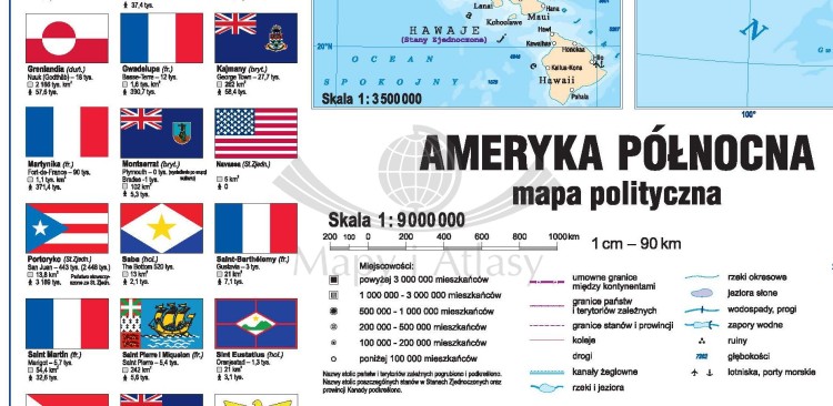 Ameryka Północna 1:9 000 000. Dwustronna mapa ścienna. Polityczna i fizyczna. Strona polityczna - fragment 3