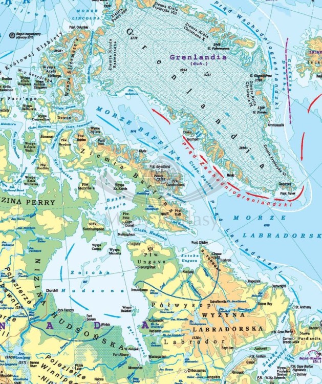 Ameryka Północna 1:9 000 000. Dwustronna mapa ścienna. Polityczna i fizyczna. Strona fizyczna - fragment 1
