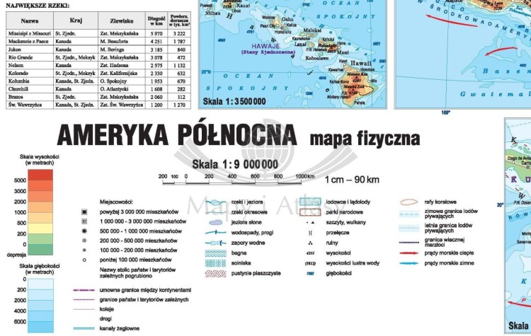 Ameryka Północna 1:9 000 000. Dwustronna mapa ścienna. Polityczna i fizyczna. Strona fizyczna - fragment 3