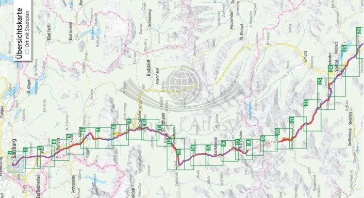Alpe Adria Radweg: od Salzburga do Adriatyku / von Salzburg an die Adria. Atlas rowerowy wydawnictwa Verlag Esterbauer. Zasięg 1