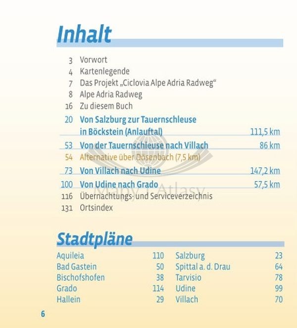 Alpe Adria Radweg: od Salzburga do Adriatyku / von Salzburg an die Adria. Atlas rowerowy wydawnictwa Verlag Esterbauer. Spis treści