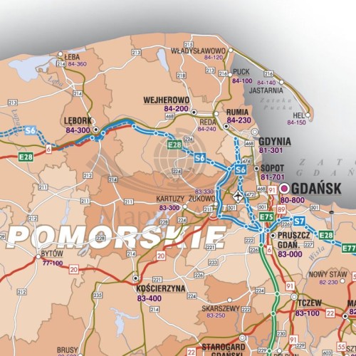 Polska 1:750 000. Naklejka, mapa ścienna drogowo-administracyjna. Fragment 1