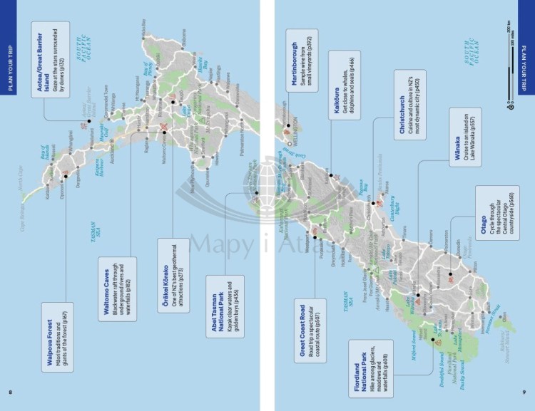 Nowa Zelandia / New Zealand. Przewodnik z mapą wydawnictwa Lonely Planet. Przykładowe strony 1