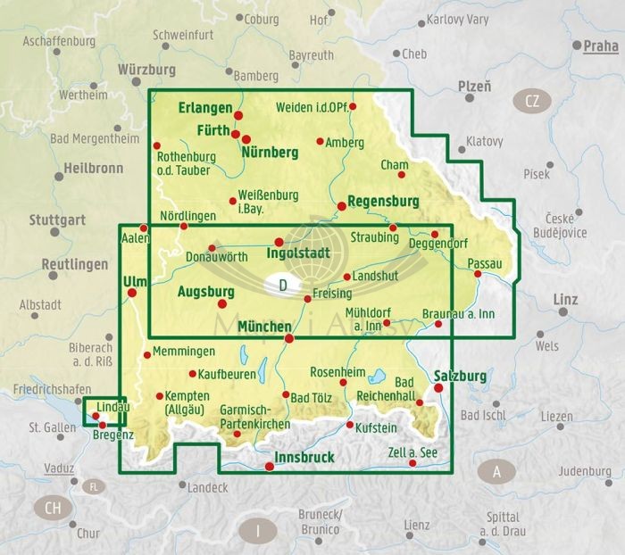 Południowa Bawaria - Górna i Dolna, Szwabia. Mapa samochodowo-turystyczna /1/ wydawnictwa Freytag & Berndt. Zasięg
