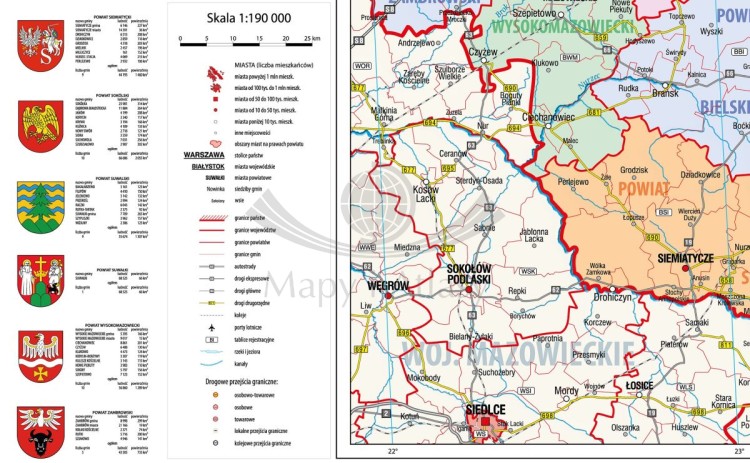 Województwo podlaskie 1:190 000. Mapa ścienna administracyjna. Drewniane półwałki. Fragment 2