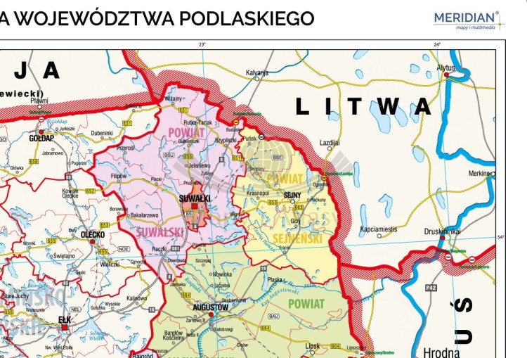 Województwo podlaskie 1:155 000. Mapa ścienna administracyjna. Drewniane półwałki. Fragment 1