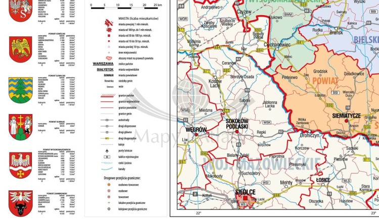 Województwo podlaskie 1:155 000. Mapa ścienna administracyjna. Drewniane półwałki. Fragment 2