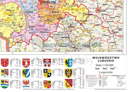 Województwo lubuskie 1:150 000. Mapa ścienna administracyjna. Drewniane półwałki. Fragment