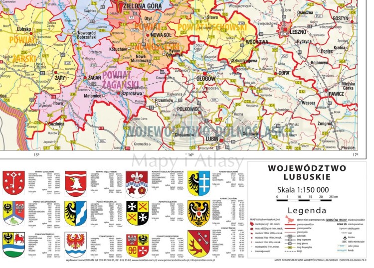 Województwo lubuskie 1:150 000. Mapa ścienna administracyjna. Drewniane półwałki. Fragment