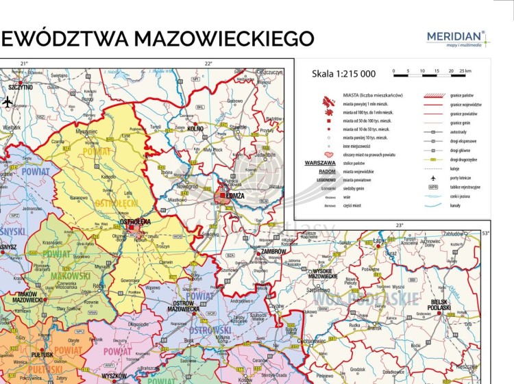Województwo mazowieckie 1:215 000. Mapa ścienna administracyjna. Drewniane półwałki. Fragment 1