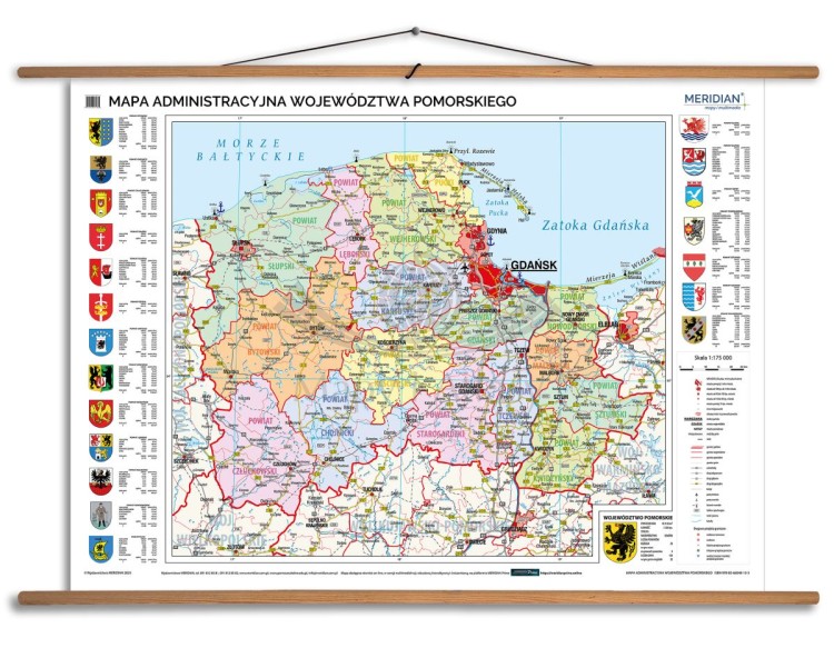 Województwo pomorskie 1:175 000. Mapa ścienna administracyjna. Drewniane półwałki