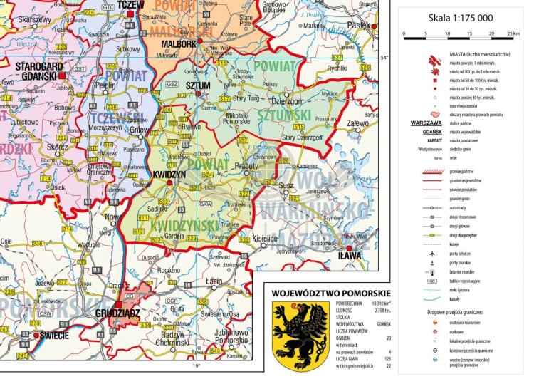 Województwo pomorskie 1:175 000. Mapa ścienna administracyjna. Drewniane półwałki. Fragment 2