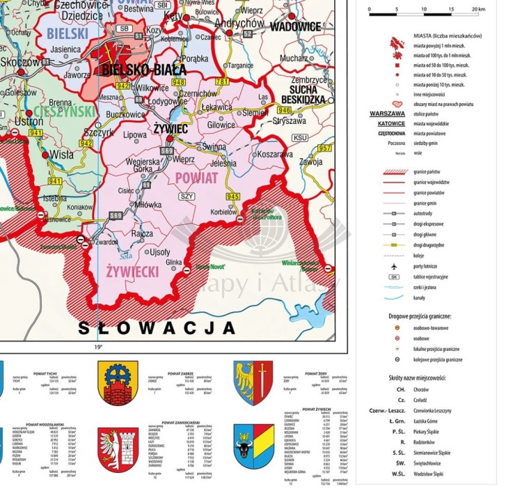 Województwo śląskie 1:130 000. Mapa ścienna administracyjna. Drewniane półwałki. Fragment 2