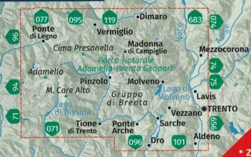 Naturpark Adamello-Brenta Geopark. Wodoodporna mapa turystyczna 070 wydawnictwa Kompass. Zasięg