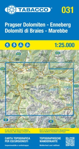 Pragser Dolomiten - Enneberg / Dolomiti di Braies - Marebbe. Wodoodporna mapa turystyczna 031 wydawnictwa Tabacco. Okładka