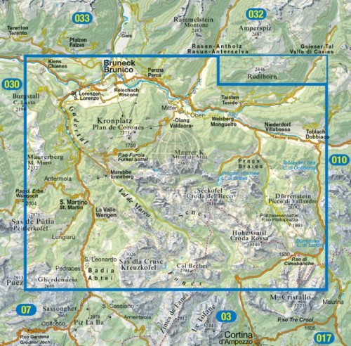 Pragser Dolomiten - Enneberg / Dolomiti di Braies - Marebbe. Wodoodporna mapa turystyczna 031 wydawnictwa Tabacco. Zasięg