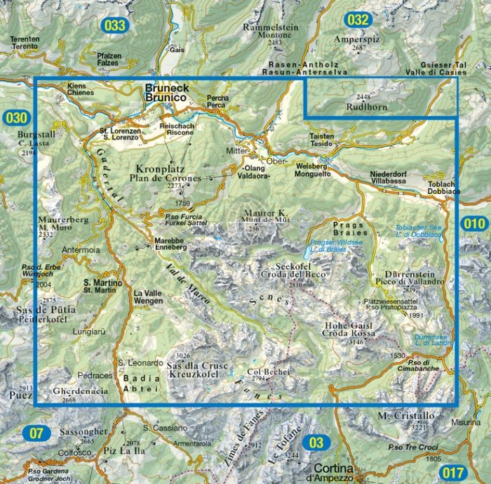 Pragser Dolomiten - Enneberg / Dolomiti di Braies - Marebbe. Wodoodporna mapa turystyczna 031 wydawnictwa Tabacco. Zasięg