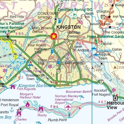 Jamajka i Kajmany. Wodoodporna mapa samochodowo-turystyczna wydawnictwa ITMB. Fragment