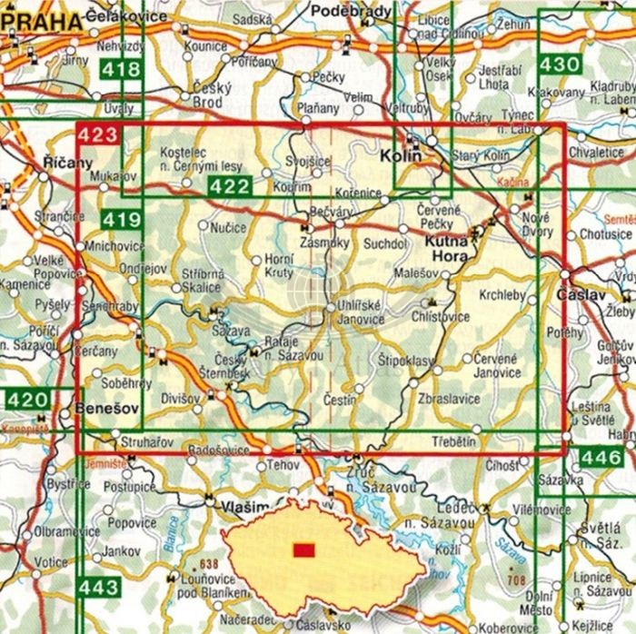 Środkowa dolina Sazawy / Stredni Posazavi, Kutna Hora. Mapa turystyczna 423 wydawnictwa Shocart. Zasięg