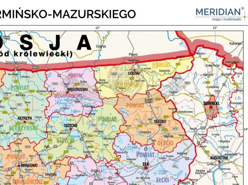 Województwo warmińsko-mazurskie 1:195 000. Mapa ścienna administracyjna. Drewniane półwałki. Fragment 1