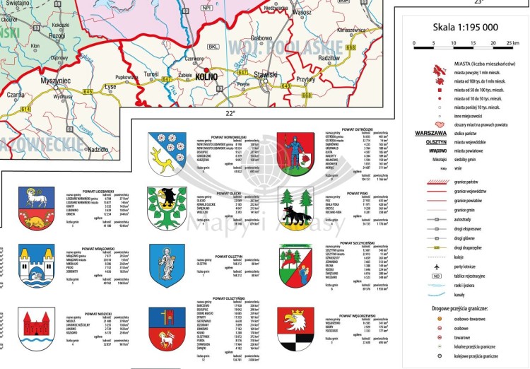Województwo warmińsko-mazurskie 1:195 000. Mapa ścienna administracyjna. Drewniane półwałki. Fragment 2