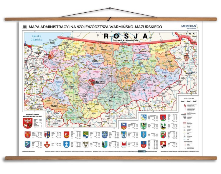 Województwo warmińsko-mazurskie 1:195 000. Mapa ścienna administracyjna. Drewniane półwałki