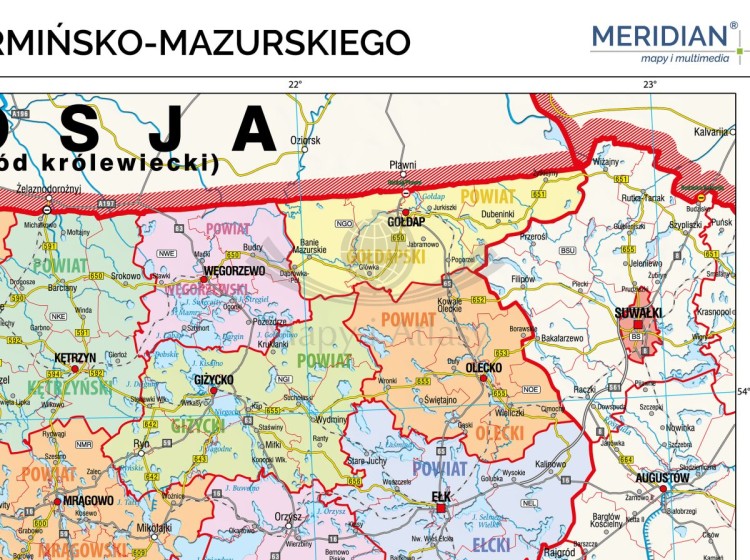 Województwo warmińsko-mazurskie 1:195 000. Mapa ścienna administracyjna. Drewniane półwałki. Fragment 1