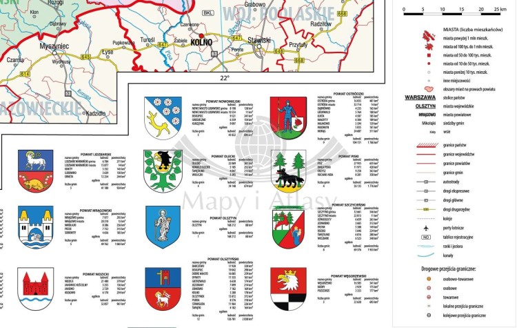 Województwo warmińsko-mazurskie 1:195 000. Mapa ścienna administracyjna. Drewniane półwałki. Fragment 2