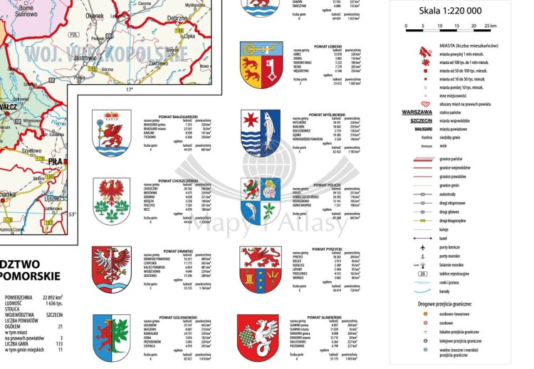Województwo zachodniopomorskie 1:220 000. Mapa ścienna administracyjna. Drewniane półwałki. Fragment 2