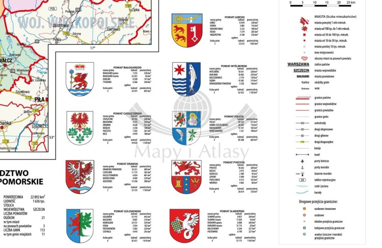 Województwo zachodniopomorskie 1:220 000. Mapa ścienna administracyjna. Drewniane półwałki. Fragment 2