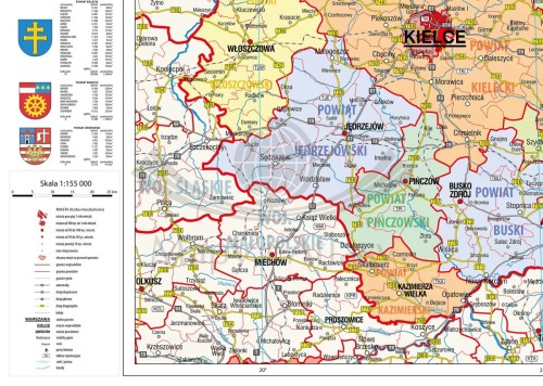 Województwo świętokrzyskie 1:155 000. Mapa ścienna administracyjna. Drewniane półwałki. Fragment 1