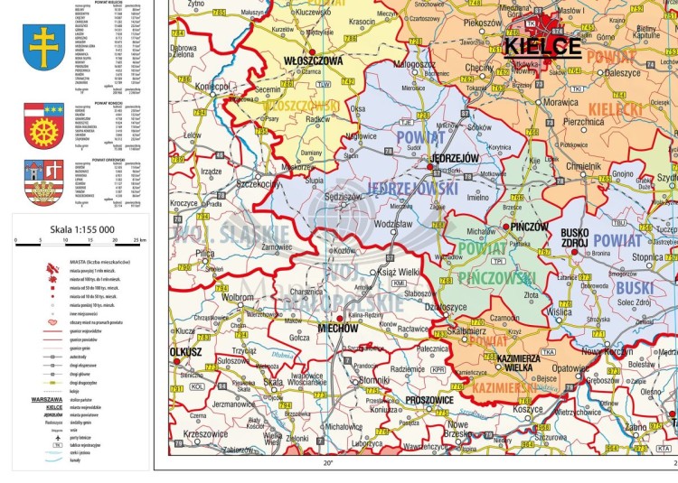 Województwo świętokrzyskie 1:155 000. Mapa ścienna administracyjna. Drewniane półwałki. Fragment 1