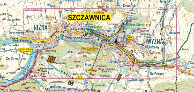 Pieniny, Szczawnica. Kieszonkowa mapa laminowana / Plan miasta wydawnictwa Galileos. Fragment