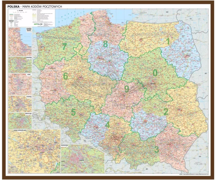 Polska 1:700 000. Kody pocztowe. Mapa administracyjno-drogowa w ramie drewnianej