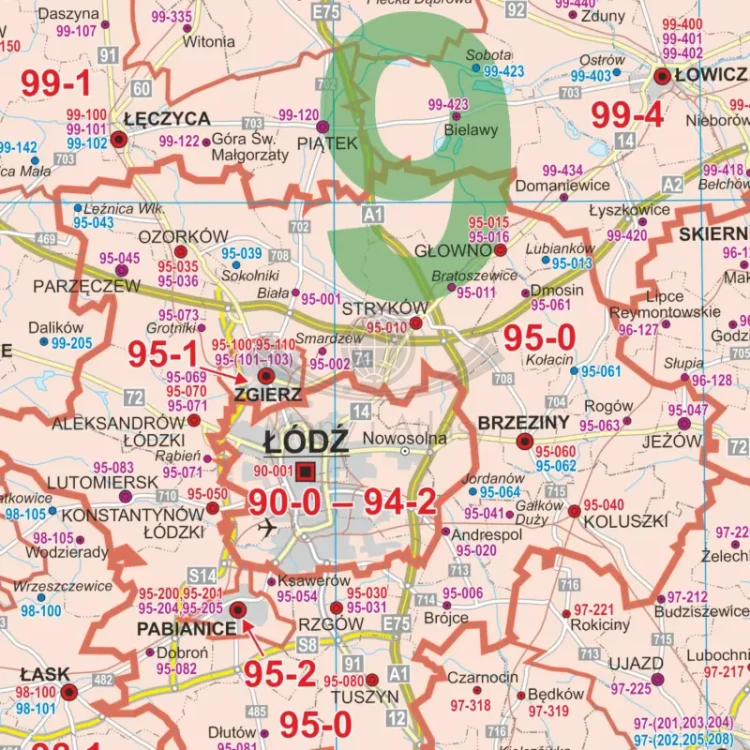 Polska 1:700 000. Kody pocztowe. Mapa administracyjno-drogowa w ramie drewnianej. Fragment 1